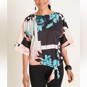 Chico's dolman multicolor floral patchwork Graphic Tie Front Blouse 3  16/18
